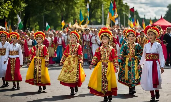 Colorful traditional dancers parade during a cultural festival, showcasing heritage and community.