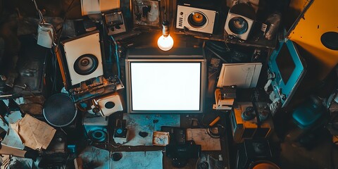 Blank screen old computer surrounded by vintage electronics and papers.