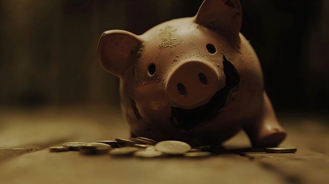 Broken piggy bank with coins scattered around, symbolizing financial struggle and the need for careful budgeting and saving.