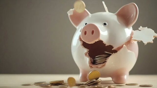 Broken piggy bank with coins scattered around, symbolizing financial struggle and the need for careful budgeting and saving.