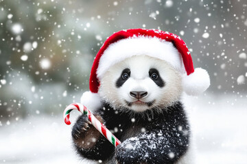 A cuddly panda cub wearing a Santa hat, holding a candy cane in a snowy festive scene.