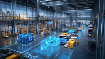 Fototapeta premium Digital twin technology visualizing logistics flows and operations.