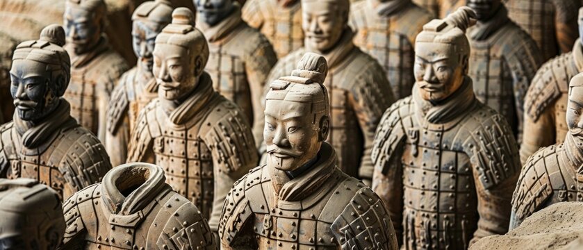 The Terracotta Army image depicts a collection of warrior statues in organized battle formations, showcasing individuality in facial expressions, poses, and attire,