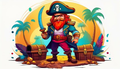 Fototapeta premium Colorful cartoon pirate captain with a sword and treasure on a tropical beach at sunset. Generative AI