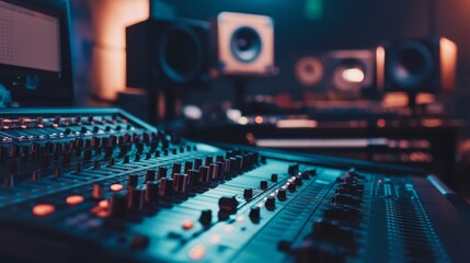 Recording session action in music studio audio equipment focused urban environment close-up viewpoint sound production concept