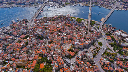 A stunning aerial view of Istanbul's Galata Tower surrounded by vibrant city streets, the bustling Golden Horn, and iconic bridges connecting the historic cityscape.