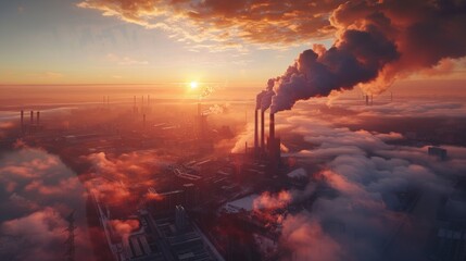 Fototapeta premium Cityscape at sunset: power plant emits gray smoke in vivid sky with dense fog, creating a dramatic effect resembling fire, highlighting environmental impact.