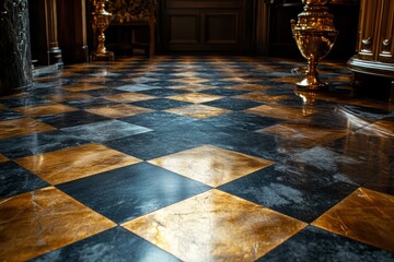 A close-up view of a luxurious checkered marble floor with gold and black tiles.