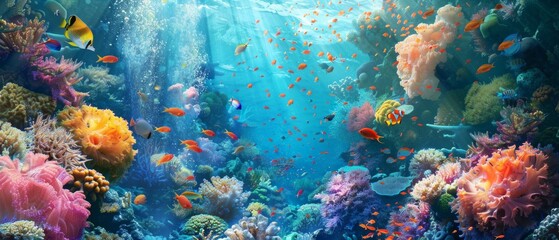 Fototapeta premium A vibrant underwater coral reef with colorful corals and fish, illuminated by sunlight, creates a picturesque scene.