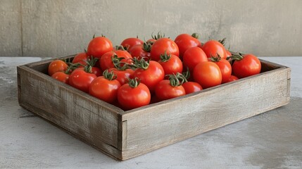 A charming wooden box filled with vibrant red tomatoes, perfect for rustic and organic-themed visuals.