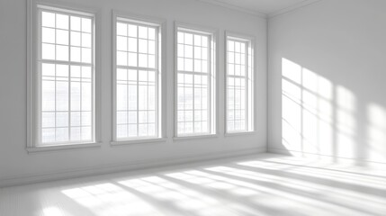 Fototapeta premium Light and shadow play in a bright white studio room with large windows