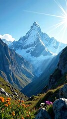 Fototapeta premium landscape mountain range with glaciers, clear blue sky,panoramic view, outdoor recreation, active, travel, tourism, mountain landscapes, mountain silhouettes and peaks, screensaver, poster, postcard