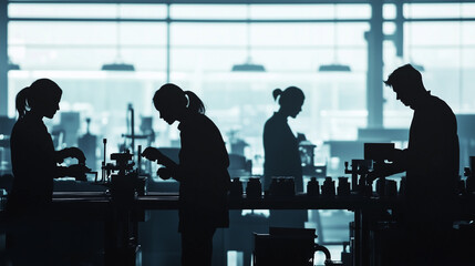 Silhouettes of people working in asian factory