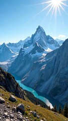 landscape mountain range with glaciers, clear blue sky,panoramic view, outdoor recreation, active, travel, tourism, mountain landscapes, mountain silhouettes and peaks,  screensaver, poster, postcard
