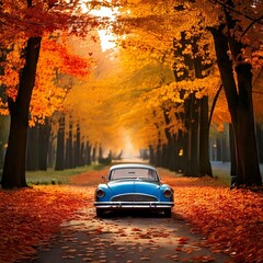 A vintage car on the road with leaves falling from the trees in autumn