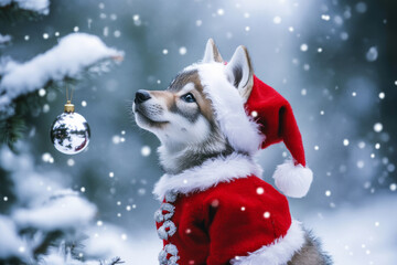A holiday-themed picture of a wolf cub dressed in Santa attire, standing in a snowy forest with sparkling ornaments, ideal for seasonal family greetings.