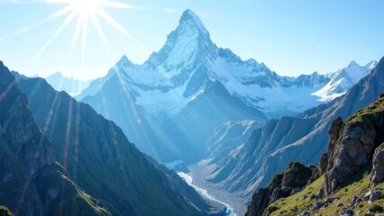 landscape mountain range with glaciers, clear blue sky,panoramic view, outdoor recreation, active, travel, tourism, mountain landscapes, mountain silhouettes and peaks,  screensaver, poster, postcard