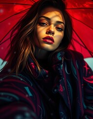Red Umbrella Romance: A captivating portrait of a young woman with a red umbrella, her face illuminated by the soft glow of sunlight. The image evokes a sense of mystery and intrigue.