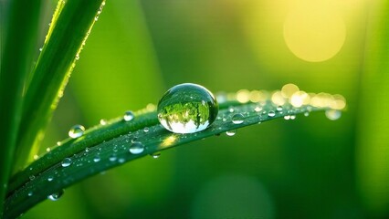Close up of a dew drop on a green leaf, reflecting a miniature world including flowers and grass around it, with soft light of the morning
