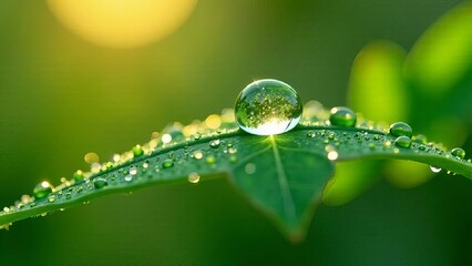 Close up of a dew drop on a green leaf, reflecting a miniature world including flowers and grass around it, with soft light of the morning
