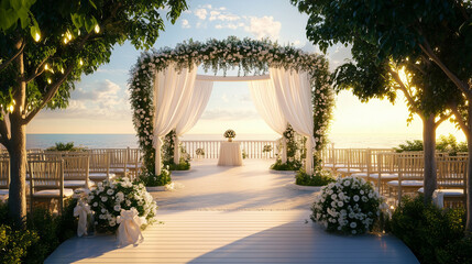 Fototapeta premium Decorated wedding arch at sunset