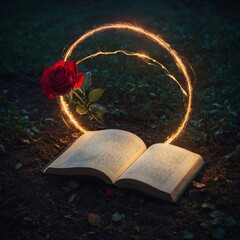 A magical glowing circle on the ground with a floating enchanted book and a red rose hovering above...