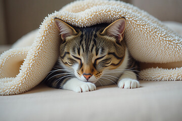 The cat lies under the blanket. The concept of warmth and comfort in the house.