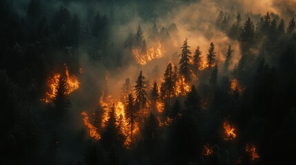 Fototapeta premium Forest fire breaks out in national park landscape photography aerial view environmental crisis