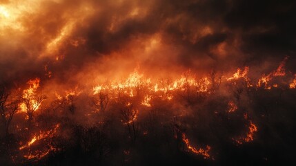 Fototapeta premium Wildfire eruption forested area natural disaster scene dramatic environment aerial view climate crisis impact