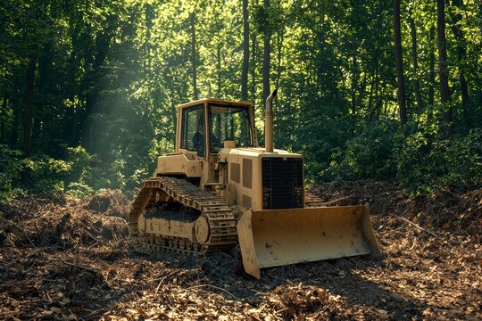 Bulldozer in sunlit forest, clearing land, a poignant scene of nature's transformation