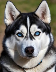 Obraz premium Close-up of a Siberian Husky with fascinating blue eyes, under natural lighting.