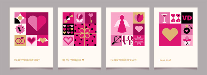 Valentines Day posters templates. Minimalist geometric backgrounds with vintage elements. Modern pattern with simple flat design elements for greeting card, invitation. Trendy vector illustration.