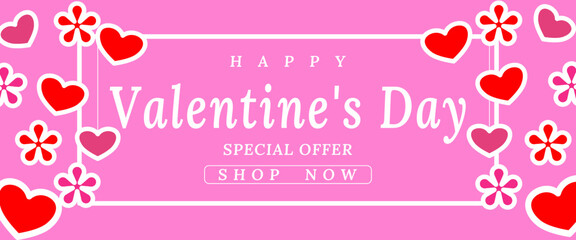 Valentines day light pink background with heart shape and flowers for banner design.