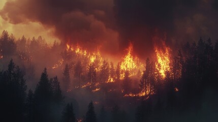 Fototapeta premium Wildfire erupts in forest nature scene dramatic fire incident smoky environment aerial view climate crisis awareness