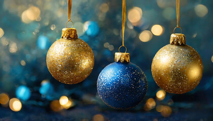 Christmas and New Year minimalistic background. Golden and blue Glass Balls hanging on ribbon