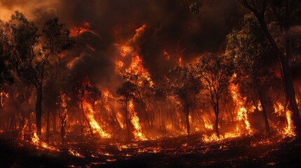 Wildfire devastation in forested regions dramatic scenes environmental crisis nighttime inferno aerial view nature's fury