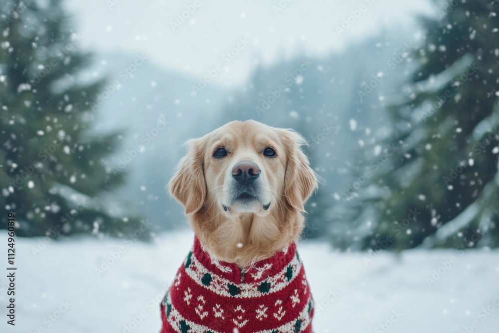 Poster A cheerful dog wearing a colorful sweater sits in the snow, creating a delightful winter atmosphere surrounded by trees and falling snowflakes. Generative AI