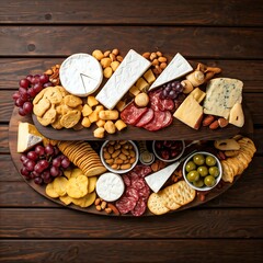 A visually appealing two-tiered wooden stand filled with a variety of gourmet cheeses