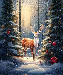 Christmas deer with Christmas tree in snow covered forest
