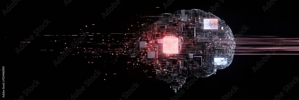 Aufkleber a digital brain merges seamlessly with ai circuits, chips, and holographic elements, illustrating th