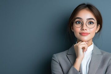 Malay businesswoman contemplating decisions while dressed in a white inner shirt and gray suit isolated on a gray background