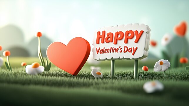 Cheerful Valentines Day Landscape with Heart Symbol and Greeting Sign Surrounded by Flowers, Inviting a Warm Celebration of Love and Affection in a Natural Setting