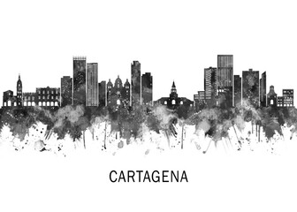 Fototapeta premium Cartagena Colombia Skyline BW, travel art illustration urban modern downtown landmarks skyscrapers artwork abstract architecture digital office home decor