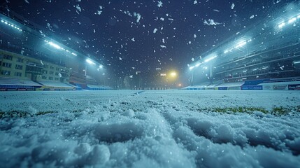 Snow blankets the empty stadium under bright lights on a quiet winter night. Generative AI