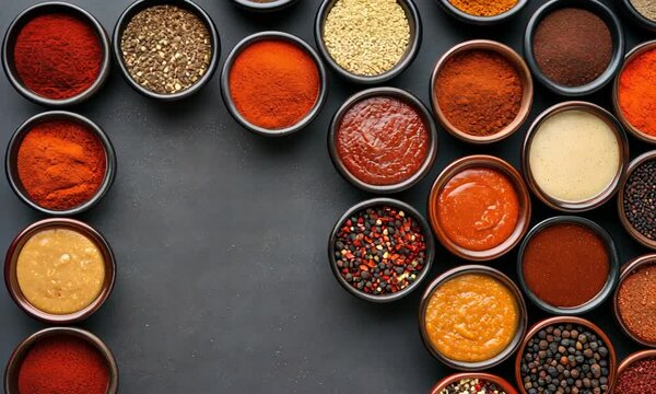 Various spices and sauces in bowls are beautifully arranged on a dark surface, creating a vibrant culinary display