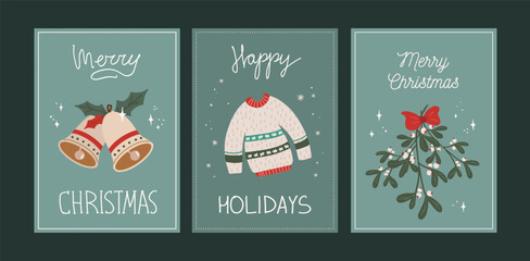 Set of Christmas and New Year card. Elegant greeting cards with mistletoe bouquet, christmas bells, winter sweater. Hand drawn vector illustration templates
