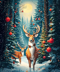 Christmas deer with Christmas tree in snow covered forest