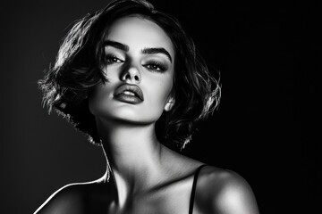 Naklejka premium A striking black-and-white portrait of a woman with an elegant expression.