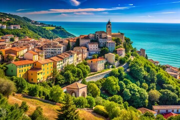 Obraz premium Captivating View of Sirolo Town in Marche, Italy with High Depth of Field Showcasing Scenic Coastal Landscape and Vibrant Architecture Under Clear Blue Skies