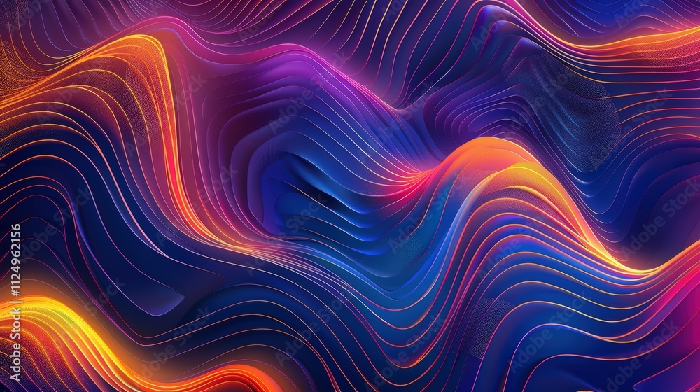 Wall mural Abstract background with colorful waves and lines in dark blue, purple, orange and pink gradients